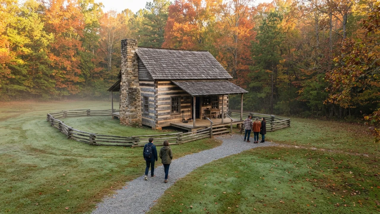 Illustrative scene for what Waxhaw NC is known for: visitors walking a gravel path to a historic log cabin homestead in fall morning light, not a specific Waxhaw site